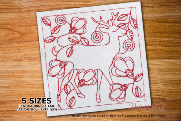 Cute Deer with Floral Background Redwork